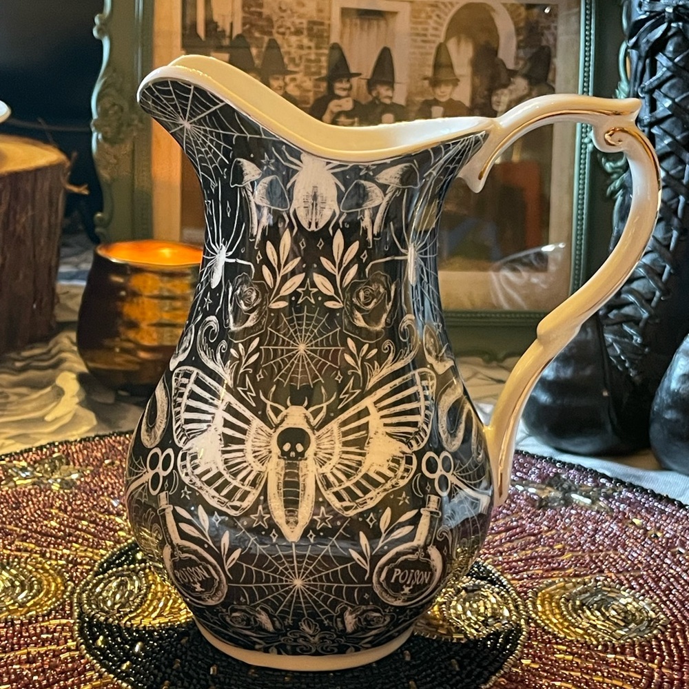MONTEREY BAY NEW Fine Porcelain Gothic Serving Pitcher With Moth Skull Design